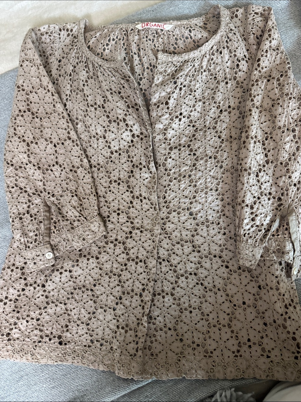 Organic Cotton Eyelet Button-Front Top in Taupe